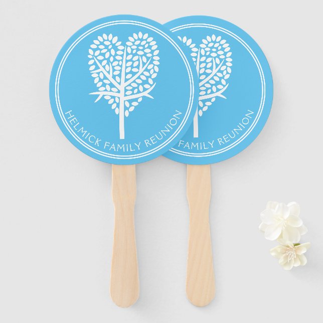 Sky Blue Heart Tree Family Reunion Hand Fan (Front and Back)