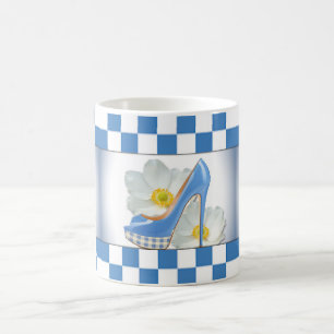 Sky Blue High Heel Chequered Pattern & Flowers Coffee Mug