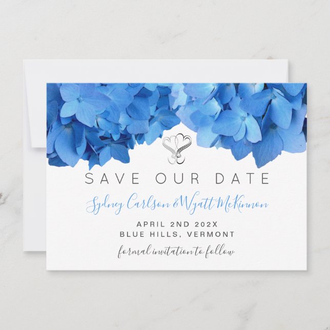 Sky Blue Hydrangea Floral Two Hearts Save The Date (Front)
