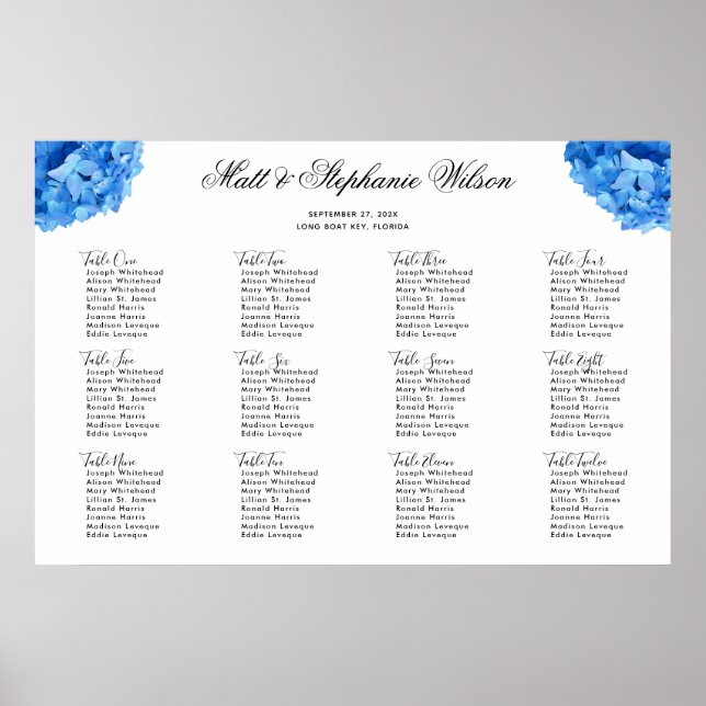 Sky Blue Hydrangea Wedding Table Seating Chart (Front)
