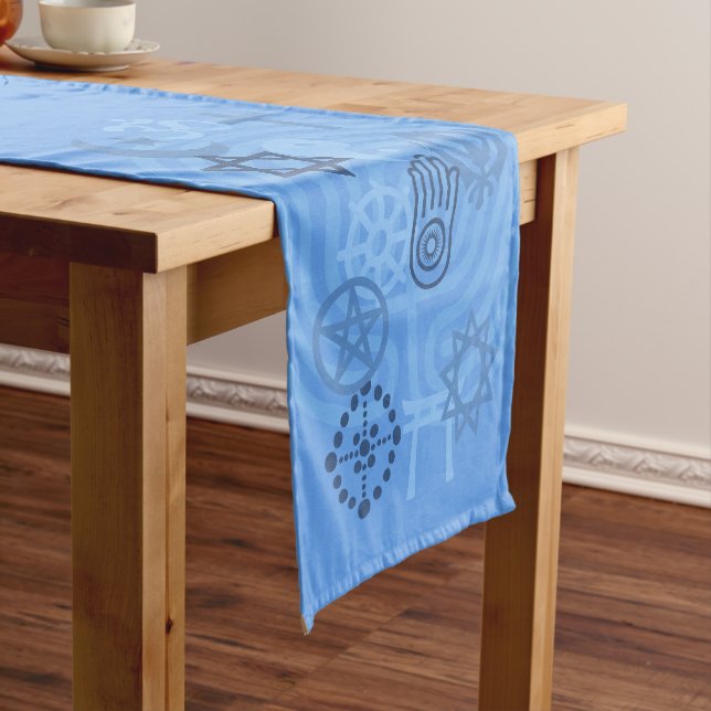 Sky Blue Interfaith Symbols Short Table Runner (In Situ)