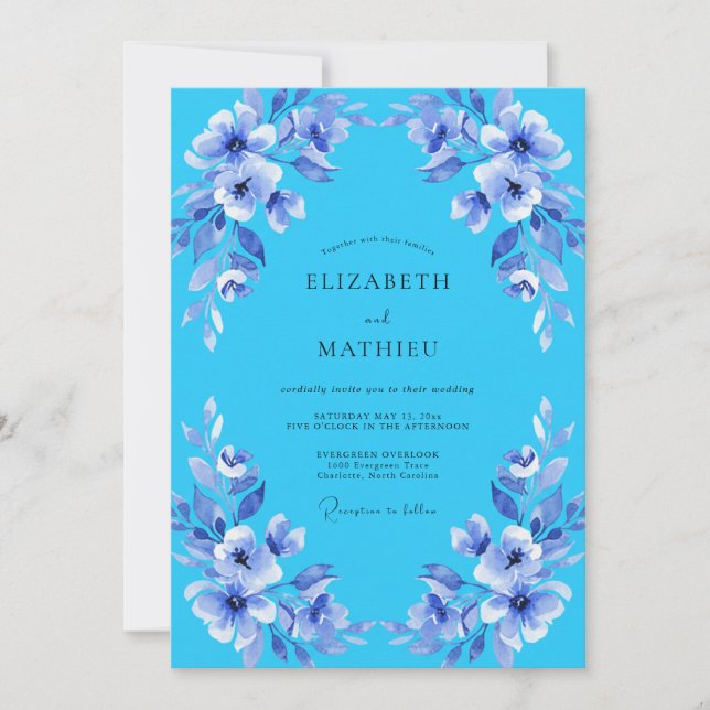 Sky Blue Lyrical Blossom Wedding Invitation (Front)