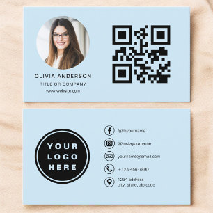 Sky Blue Modern Minimalist Photo with QR Code Business Card