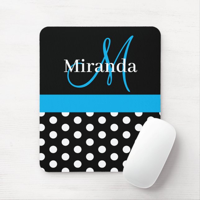 Sky Blue Monogram Black White Polka Dot Mouse Pad (With Mouse)