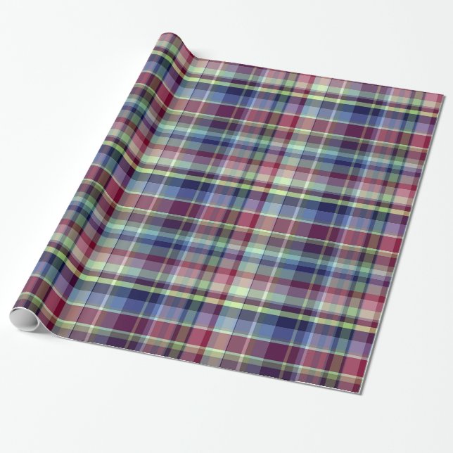 Sky Blue Navy Burgundy Pistach Preppy Madras Plaid Wrapping Paper (Unrolled)