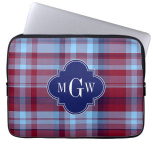 Sky Blue Navy Burgundy Preppy Madras Monogram Laptop Sleeve