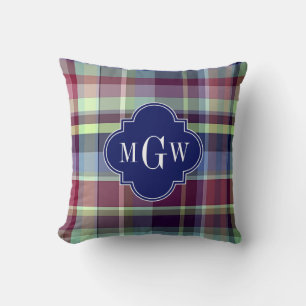 Sky Blue Navy Burgundy Wht Preppy Madras Monogram Cushion