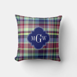 Sky Blue Navy Burgundy Wht Preppy Madras Monogram Cushion