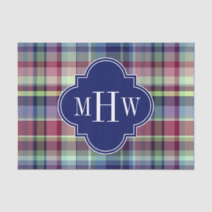 Sky Blue Navy Burgundy Wht Preppy Madras Monogram Tissue Paper