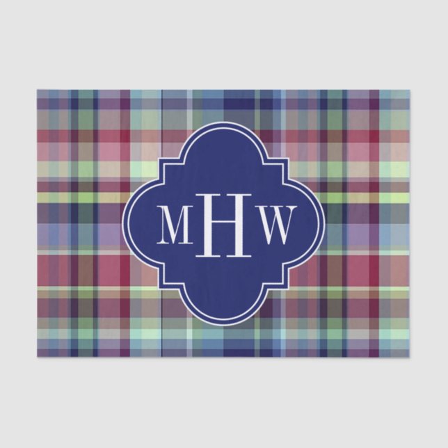 Sky Blue Navy Burgundy Wht Preppy Madras Monogram Tissue Paper (Front)