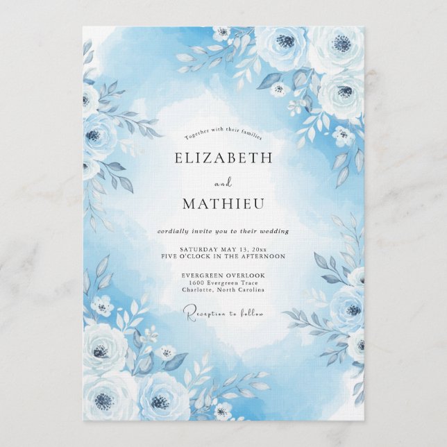 Sky Blue Painterly Floral Wedding Invitation (Front)