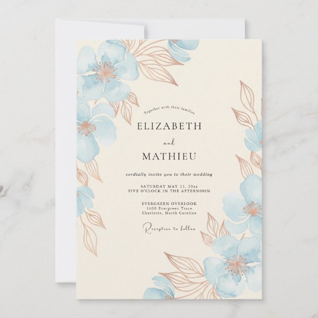 Sky Blue Painterly Flourish Wedding Invitation (Front)