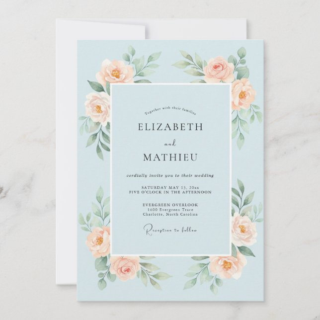 Sky Blue Painterly Rose Wedding Invitation (Front)