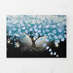 Sky Blue Pastel Heart Leaf Tree Wedding Tri-Fold Invitation