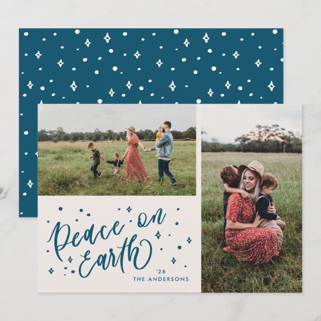 Sky Blue Peace Earth Lettering Christmas 2 Photo Holiday Card (Front/Back)