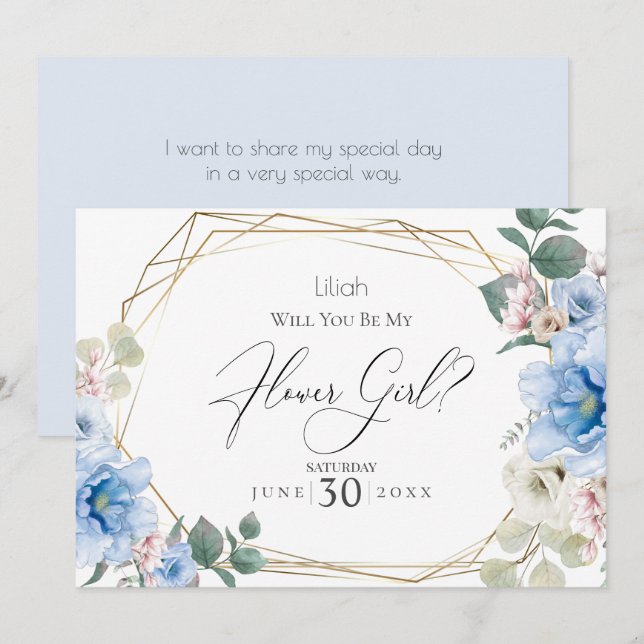 Sky Blue Peony Flowers  Will You Be My Flower Girl Invitation (Front/Back)
