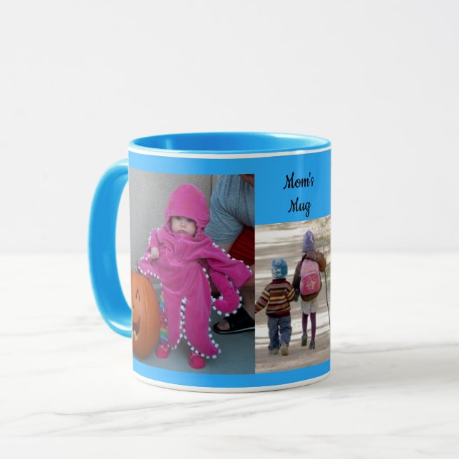 Sky Blue Personalise 3 PHOTO TEMPLATE Gift Coffee Mug (Front Left)