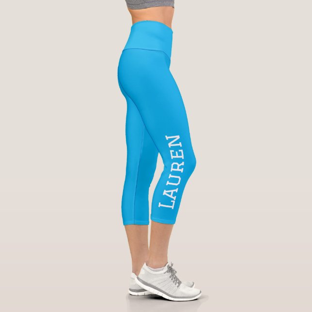Sky Blue Personalised Custom Name Solid Colour  Capri Leggings (Right)