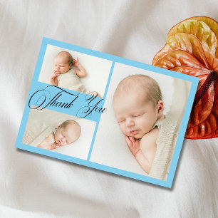 Sky Blue Photo Collage Baby Shower Thank You Card
