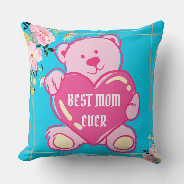 Sky Blue Pink Cute Teddy Bear Heart Floral Design Cushion (Front)