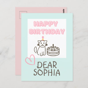 Sky blue&Pink Happy Birthday Cat Postcard