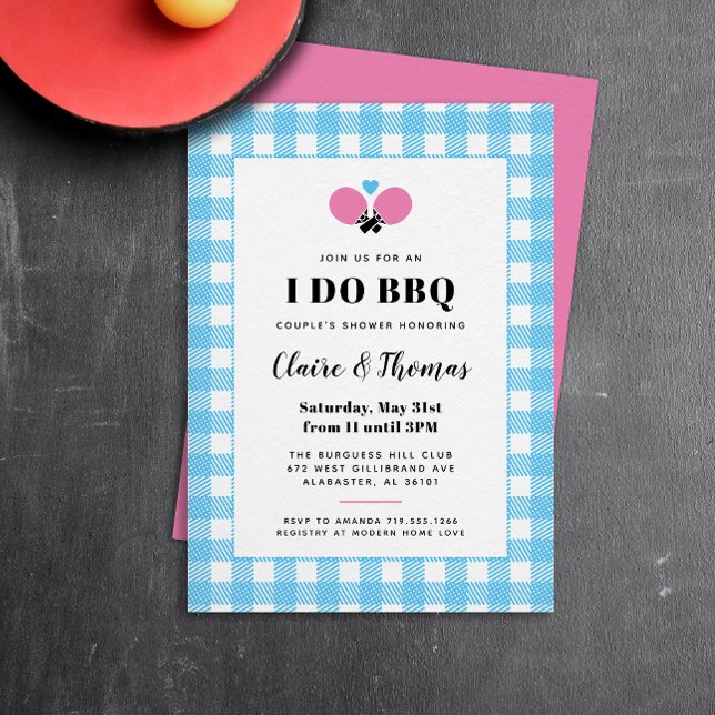 Sky Blue Plaid I Do BBQ Ping Pong Invitation (preppy pink, blue and white gingham plaid country club I Do BBQ invitation)