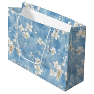 Sky Blue Pretty White Flowers Birthday Large Gift Bag