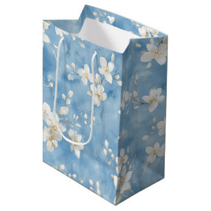 Sky Blue Pretty White Flowers Bridal Shower Medium Gift Bag