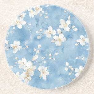 Sky Blue Pretty White Flowers Coaster