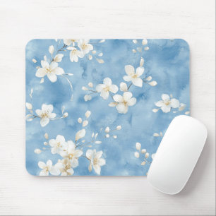 Sky Blue Pretty White Flowers Mouse Pad
