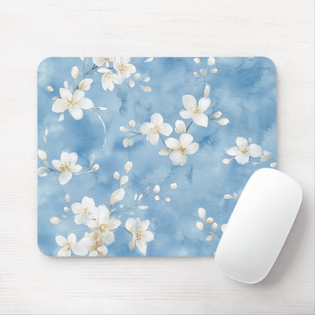 Sky Blue Pretty White Flowers  Mouse Pad (With Mouse)