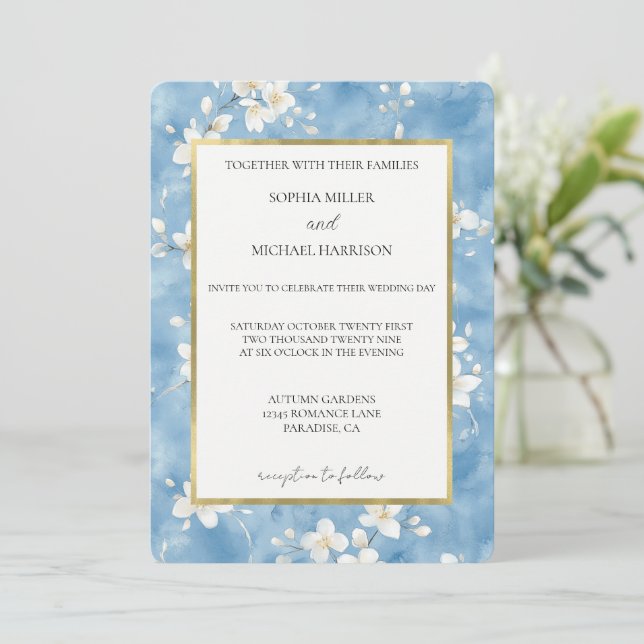 Sky Blue Pretty White Flowers Wedding Invitation (Standing Front)