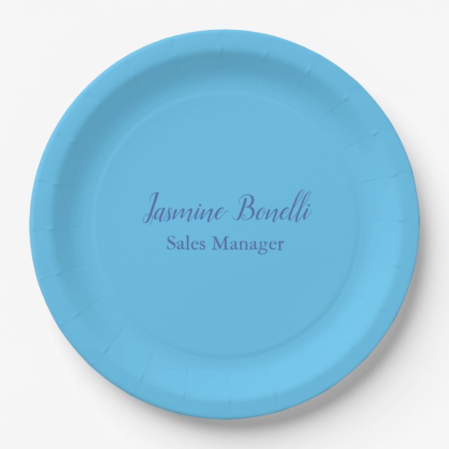 Sky Blue Professional Modern Minimalist Add Name Paper Plate (Front)
