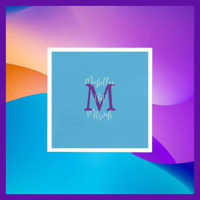 Sky Blue Purple White Bat Mitzvah Name Monogram  Napkin (Creator Uploaded)