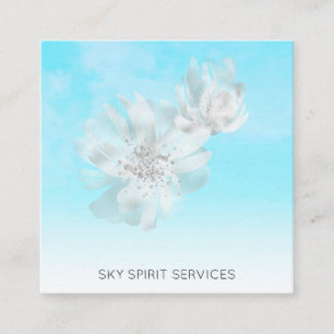 *~* Sky Blue QR  Clouds Flowers Glitter Shimmer Square Business Card