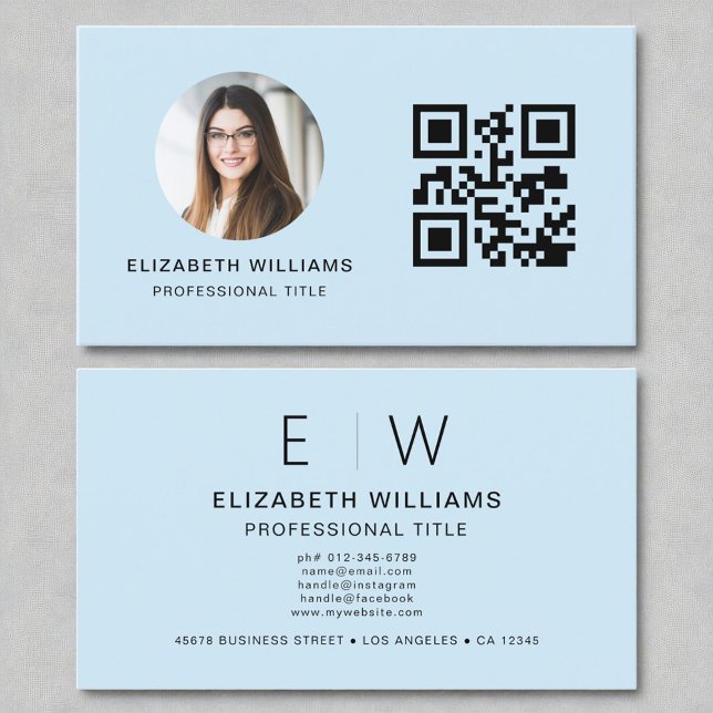 Sky Blue QR Code Photo Monogram Minimalist Business Card (Creator Uploaded)