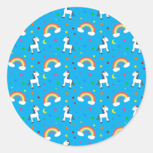 Sky blue rainbow unicorn hearts stars pattern classic round sticker