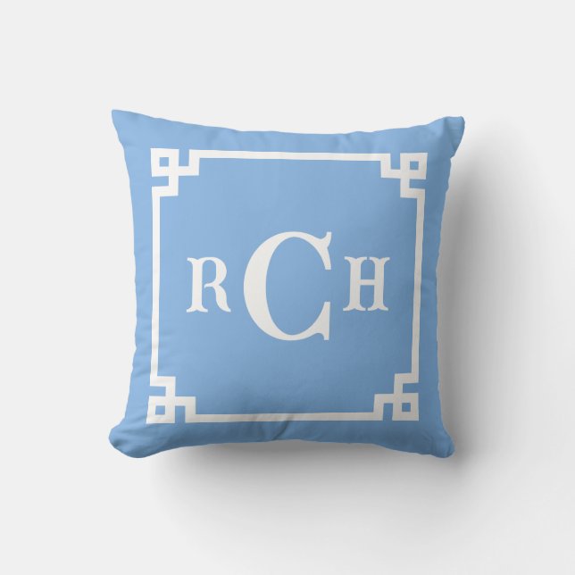 Sky Blue Reverse Chinoiserie Greek Key Monogram Cushion (Front)