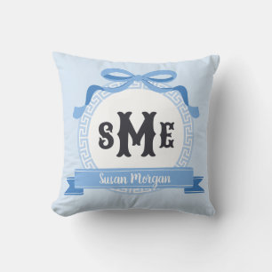 Sky Blue Reverse Greek Key Bow Monogram Cushion
