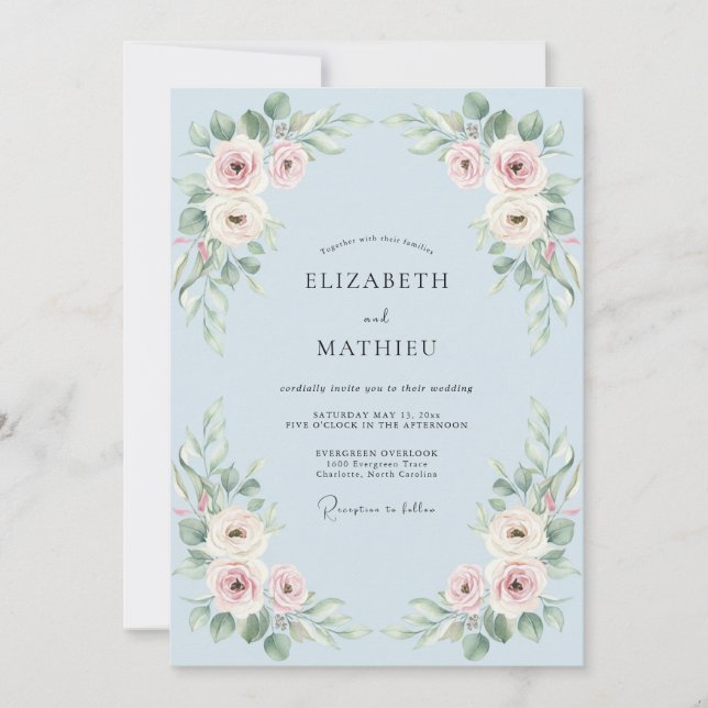 Sky Blue Romantic Floral Wedding Invitation (Front)
