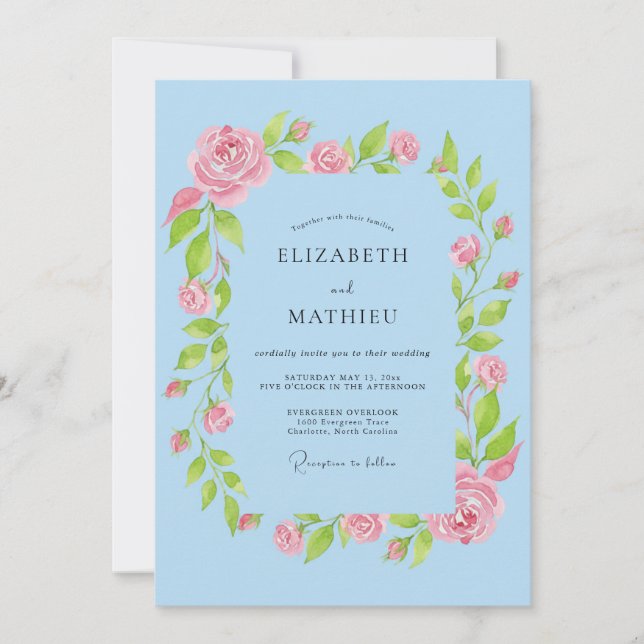 Sky Blue Rose Garland Wedding Invitation (Front)