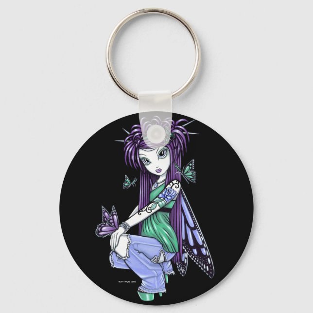 "Sky" Blue Rose Tattoo Butterfly Fairy Keychain (Front)