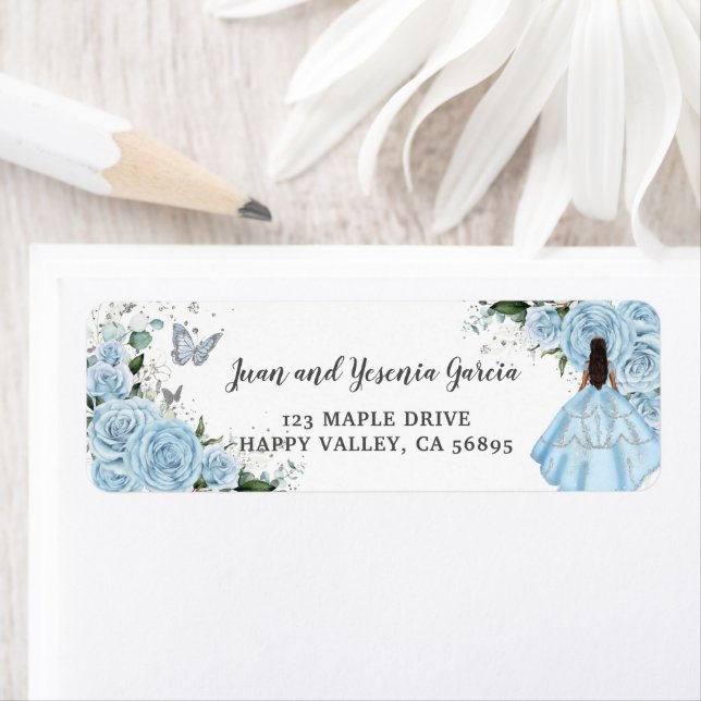 Sky Blue Roses Floral Quinceañera Return Address Label (Insitu)