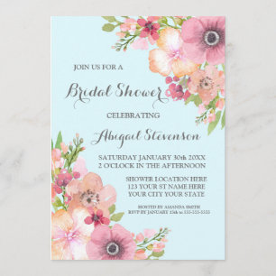 Sky Blue Rustic Pink Flowers Bridal Shower Invitation