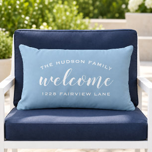 Sky Blue Script Welcome Monogram Porch Lumbar Cushion