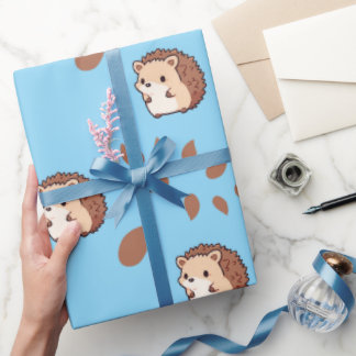 Sky Blue Seamless Wrapping Paper with Hedgehogs