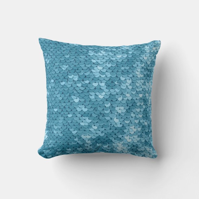 Sky blue shiny fabric with sequins, abstract backg cushion (Front)