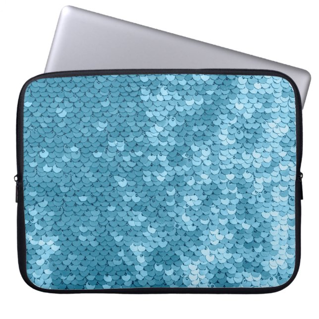 Sky blue shiny fabric with sequins, abstract backg laptop sleeve (Front)