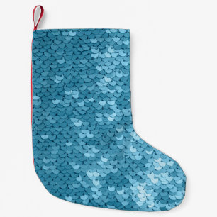 Sky blue shiny fabric with sequins, abstract backg small christmas stocking