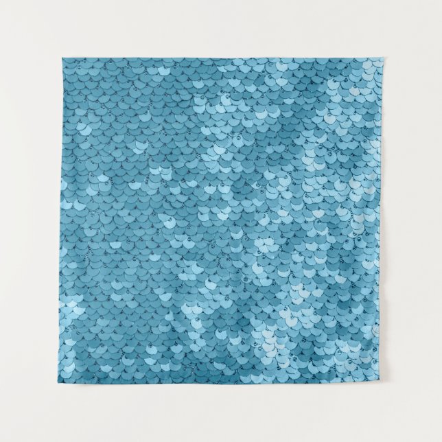 Sky blue shiny fabric with sequins, abstract backg tapestry (Front)